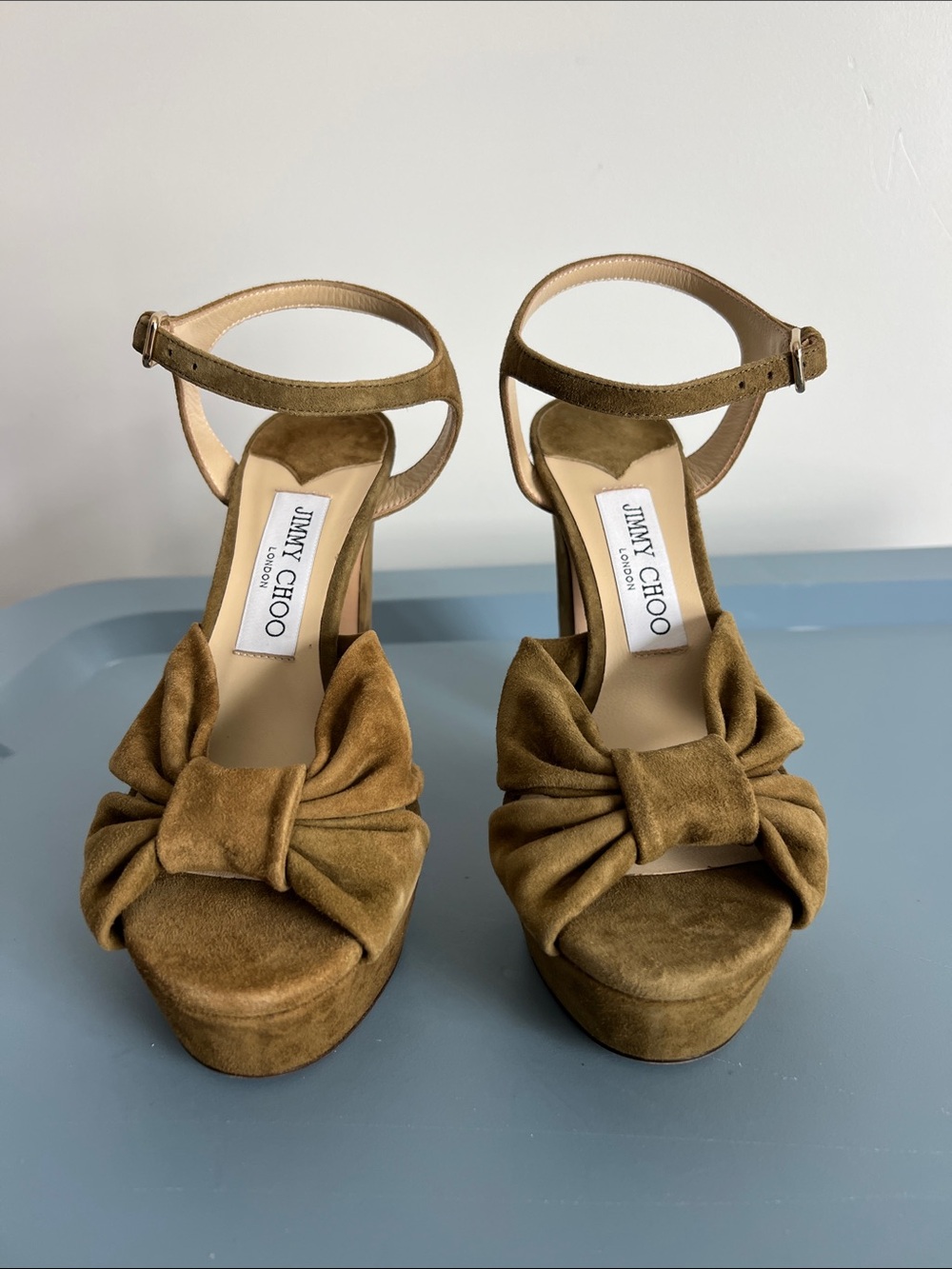 Jimmy Choo heloise 120 muted green suede knot open toe block heels sandals 37 - Picture 6 of 12